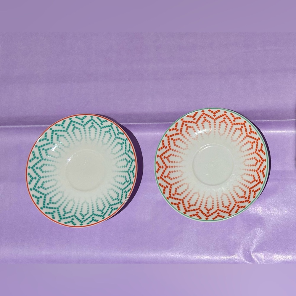 Mikasa Geometric Orange Green Tea Cup Saucer Set of 2 Ceramic